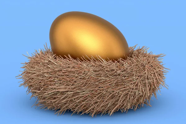 Χρυσό Αυγό Φάρμας Φωλιά Πουλιών Απομονωμένο Μπλε Φόντο Καθιστούν Φρέσκο — Φωτογραφία Αρχείου