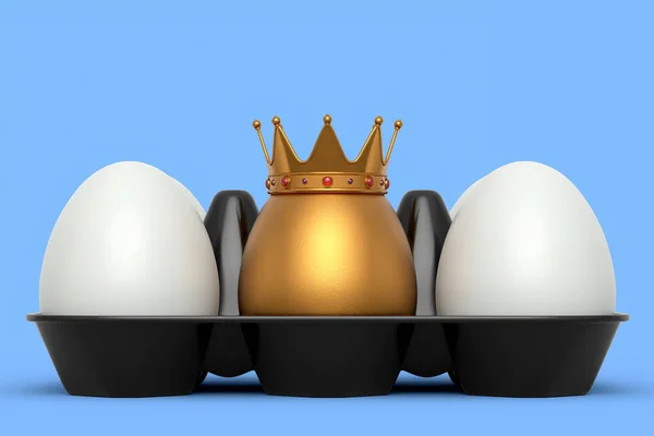 Unique gold egg in royal king crown standing in plastic tray with white eggs isolated on blue background. 3d render of Easter concept or Black Friday, luxury, wealth and imperial power