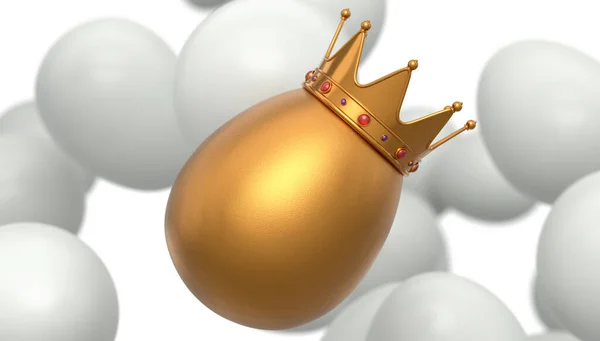 在皇家王冠的白色背景上 飞扬着农场的白鸡蛋和独一无二的金蛋 复活节概念或黑色星期五的3D渲染 财富和皇权 — 图库照片