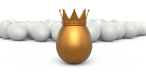 蜂拥而至的农场白色鸡蛋和独特的金蛋在皇家王冠白色背景 复活节概念或黑色星期五的3D渲染 财富和皇权 — 图库照片