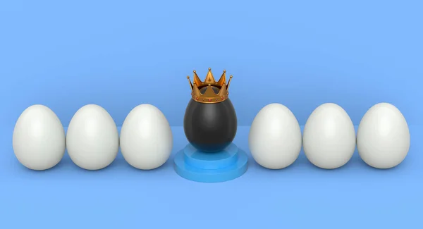 農場の白い鶏の卵と表現と面白い顔と青の背景に金冠を持つユニークな黒い卵のグループ 挨拶や招待状のためのイースターエッグデザインの3Dレンダリング — ストック写真