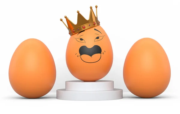 一群农场褐色的鸡蛋和独特的鸡蛋 表情和滑稽的脸和金色的皇冠在它的白色背景 彩蛋设计3D渲染 用于贺卡和邀请卡 — 图库照片