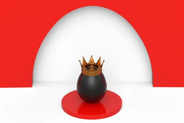 Уникальное Куриное Черное Яйцо Золотой Королевской Короне Подиуме Белом Фоне — стоковое фото