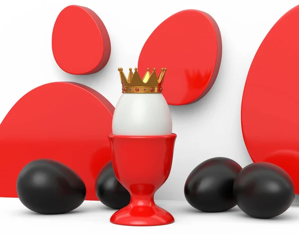 Unique white egg in royal king crown in ceramic eggcup and scattered black eggs on white background. 3d render of Easter concept or Black Friday, luxury, wealth and imperial power
