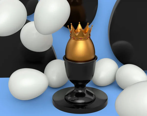 陶器の卵カップに王室の王冠のユニークな金の卵と青の背景に白い卵を散在 イースターの概念の3Dレンダリングやブラックフライデー 富と帝国の力 — ストック写真