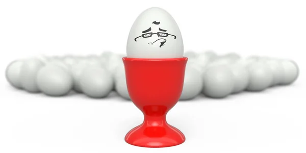农场白色彩绘鸡蛋 在陶瓷蛋杯中的表情和滑稽的脸 早餐和人群的鸡蛋白色背景 情感贺卡英语早餐概念的三维渲染 — 图库照片
