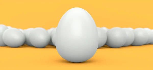 黄色の背景に群衆の中に農場生の有機白鶏の卵のグループ 挨拶や招待状のためのイースターエッグテンプレートデザインの3Dレンダリング — ストック写真
