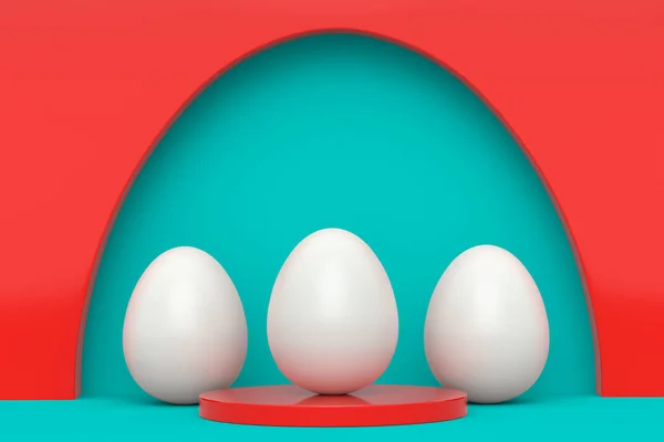 表彰台に白い鶏の卵と緑の背景に並んで立って卵の群衆をファーム 挨拶カードのための英語の朝食の3Dレンダリングの概念 モックアップ製品表示のための最小壁のシーン — ストック写真