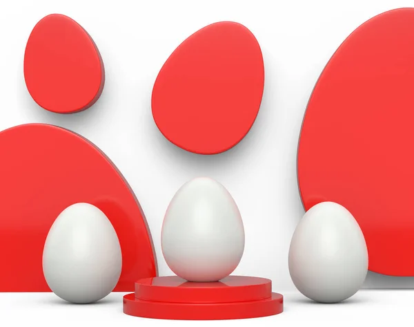 Kürsüde Beyaz Tavuk Yumurtası Beyaz Arka Planda Kuyrukta Bekleyen Yumurta — Stok fotoğraf