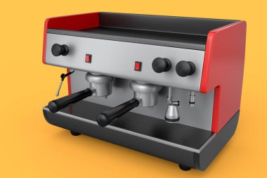 Kornalı profesyonel espresso kahve makinesi sarı arka planda izole edilmiş iki fincan. 3D kahve üretimi kavramı ya da ev kahvecisi tasarım şablonunda espresso yapmak