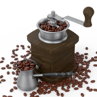 El yapımı ahşap kahve öğütücüsü ve beyaz arka planda kahve çekirdekleri olan Türk kahve makinası. 3D render konsepti kahve üretimi veya ev şablonunda espresso içeceği yapmak