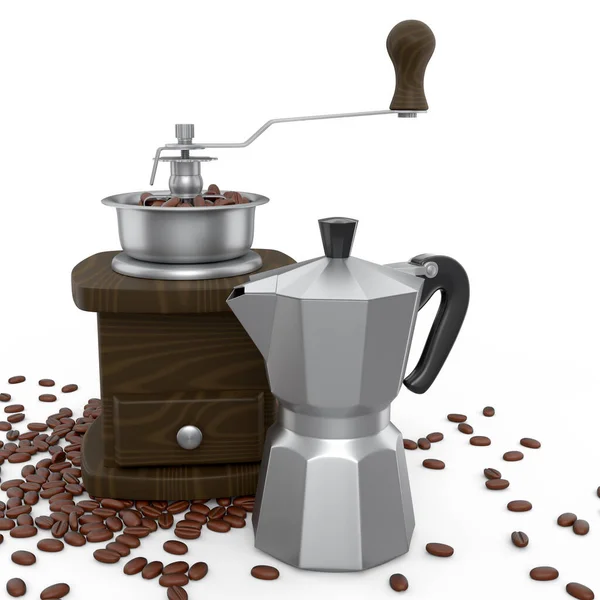 Manual Wooden Coffee Grinder Geyser Coffee Maker Coffee Beans White — Stockfoto