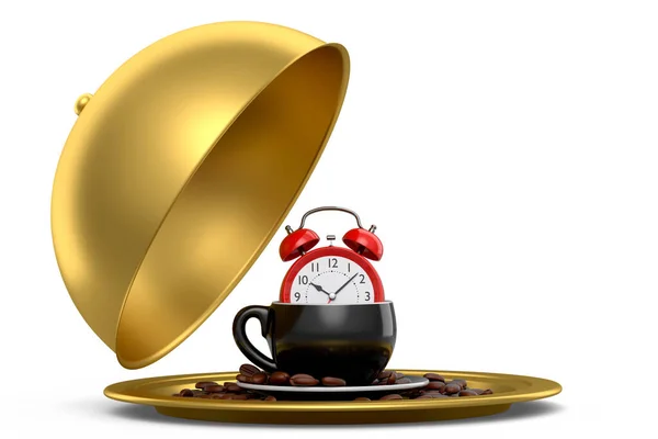 Metal Tray Cloche Ready Serve Ceramic Coffee Cup Alarm Clock —  Fotos de Stock