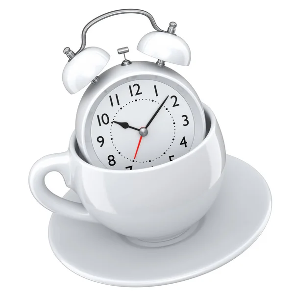 Beyaz Arka Planda Seramik Kahve Fincanı Olan Klasik Çalar Saat — Stok fotoğraf