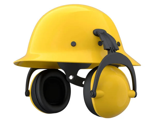 白い背景に隔離された黄色の安全ヘルメットやハードキャップやイヤフォンのマフ 3次元レンダリングとヘッドギアとハンディマンツールのイラスト — ストック写真