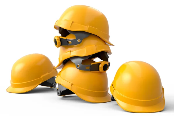 白色背景的安全头盔或硬帽子堆放在一起 木工或劳动头饰工具三维渲染及图解 — 图库照片