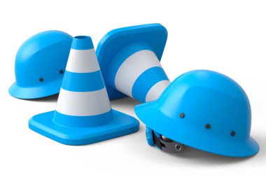 Beyaz arka planda inşaat halindeki yol çalışmaları için güvenlik kaskları veya trafik konileri. Endüstriyel işçiler ve tamirciler için marangozluk araçları