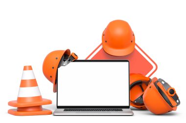 Güvenlik miğferleri, başlıklar ve trafik konileri beyaz arka planda yol çalışması için yol tabelası. Marangozluk araçları ve dizüstü bilgisayarla birlikte web sitesinin bakım altında 3d görüntülenmesi