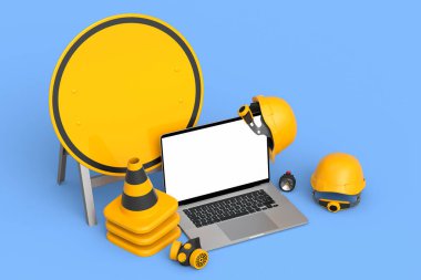 Güvenlik kaskı veya başlık seti, trafik konileri ve mavi arka planda dizüstü bilgisayarın yanında yol çalışması için imza. Marangozluk araçları ile web sitesinin bakım altında 3d görüntülenmesi