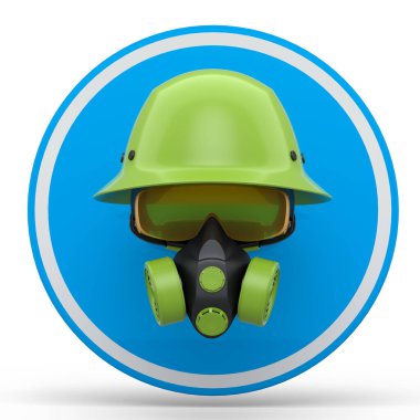 Mühendis miğferi gibi tamir ve montaj için bir takım giysi ve aletler. Kulaklıklar, solunum cihazı ve beyaz arka planda trafik işaretleri. 3D tesisatçı ya da tamirci servisi