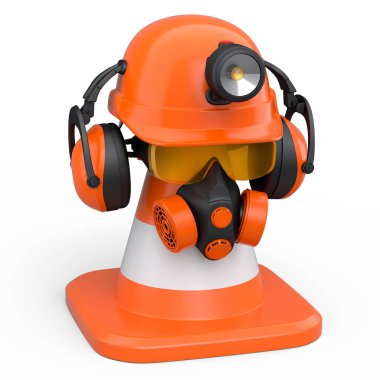 Mühendis miğferi gibi tamir ve montaj için bir takım giysi ve aletler. Kulaklık, solunum cihazı ve beyaz arka planda yol konisi. 3D tesisatçı ya da tamirci servisi