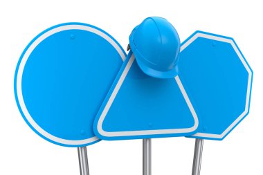 Güvenlik kaskı seti ya da trafik levhalarında beyaz arka planda izole edilmiş trafik levhası. Sokak trafik işaretinin 3d modelleme şablonu