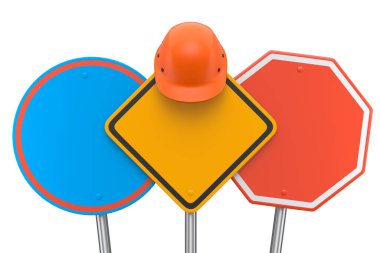 Güvenlik kaskı seti ya da trafik levhalarında beyaz arka planda izole edilmiş trafik levhası. Sokak trafik işaretinin 3d modelleme şablonu