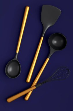 Ahşap mutfak aletleri, aletler ve ekipmanlar mavi arka planda. Ev yapımı mutfak aletleri ve yemek pişirmek için aksesuarlar