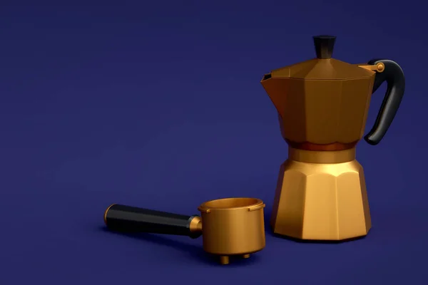 加角和间歇式咖啡机的浓缩咖啡机 用于在蓝色背景下准备早餐 煮拿铁咖啡用咖啡壶3D渲染 — 图库照片