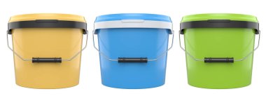 Plastik kutular ya da beyaz arka planı olan boya kovaları. 3D yenileme konsepti ve iç tasarım