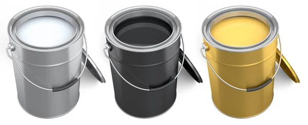 一套白色底座上有手柄的金属罐或金属桶 翻新概念和室内设计的三维渲染 — 图库照片