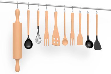 Beyaz arka planda rafta asılı duran hamuru hazırlamak için mutfak gereçleri. Aşçılık, harmanlama ve karıştırma için 3D pişirme süreci adım adım ve aksesuarları