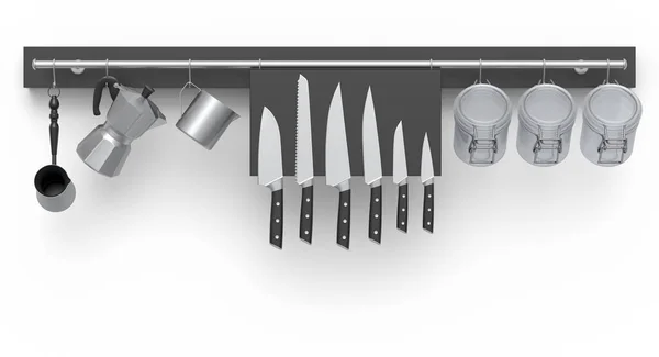 Набір Кухонного Посуду Ножів Рагу Сковороди Хромованого Посуду Висить Полиці — стокове фото