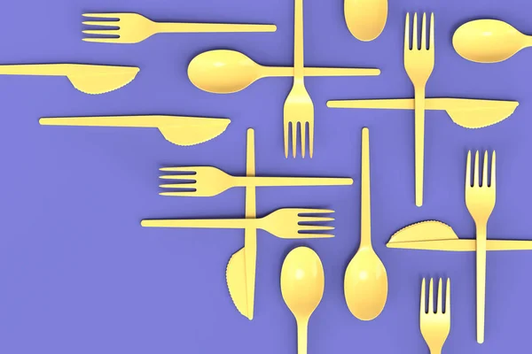 Set Disposable Utensils Spoon Fork Knife Monochrome Background Render Concept — Stock Photo, Image