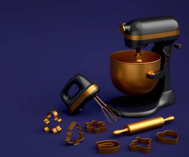 Mavi arka planda hamur hazırlamak için mutfak aletleri ve metal kurabiye kesicilerle karıştırıcı ve el karıştırıcı. Aşçılık, harmanlama ve karıştırma için 3D pişirme süreci adım adım ve aksesuarları