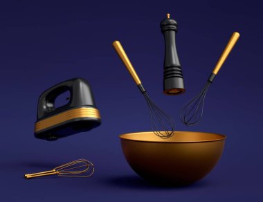 Mavi arka planda karıştırma, karıştırma ve karıştırma için elektrikli mutfak gereçleri olan metal kâse. Yemek pişirme, karıştırma ve karıştırma için ev mutfak aletleri ve aksesuarları 3D hazırlama