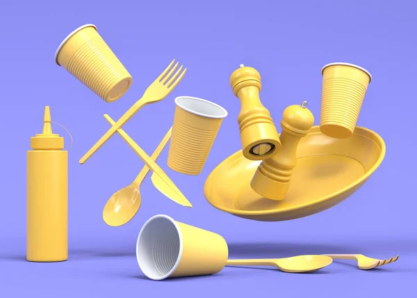 Set Disposable Utensils Plate Folk Spoon Knife Cup Pepper Salt — Stock Photo, Image