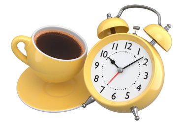 Beyaz arka planda seramik kahve fincanı olan klasik çalar saat. 3D canlandırma konsepti sabah uyanma ve acele et, çevrimiçi alışveriş için satış tanıtım süresi