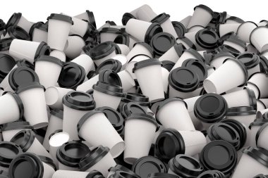 Heap of paper coffee cups with cover for cappuccino, americano, espresso, mocha, latte, cocoa on white background. 3d render of concept takeaway food and drink in recycling packaging