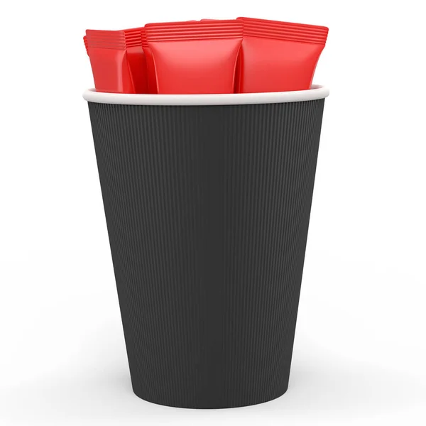 Kaffeetasse Aus Papier Mit Deckel Zucker Und Stick Für Cappuccino — Stockfoto