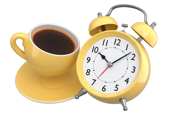 Relógio Despertador Vintage Com Xícara Café Cerâmico Fundo Branco Renderizar — Fotografia de Stock