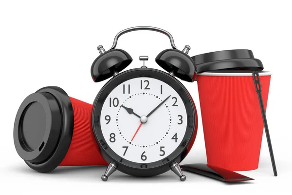 Vintage Alarm Clock Paper Coffee Cup White Background Render Concept — Φωτογραφία Αρχείου