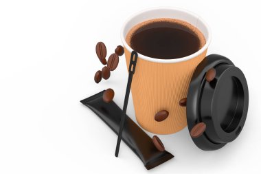 Paper coffee cup with cover, sugar, coffee bean and stick for cappuccino, americano, espresso, latte, cocoa on blue background. 3d render of concept takeaway food and drink in recycling packaging