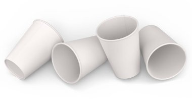 Cappuccino, americano, espresso, mocha, latte ve beyaz arka planda kakao için kağıt kahve fincanları. Geri dönüşüm ambalajında 3D konsept paket yiyecek ve içecek hazırlama