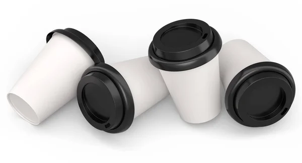 一套纸制咖啡杯 盖有卡布奇诺咖啡 美洲咖啡 浓缩咖啡 摩卡咖啡 拿铁咖啡 白底可可 循环包装中概念外卖食品和饮料的3D渲染 — 图库照片