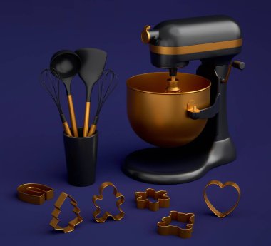 Mavi arka planda kurabiye yapmak için mutfak aletleriyle karıştırıcı ve metal kurabiye kesiciler. Aşçılık, harmanlama ve karıştırma için 3D pişirme süreci adım adım ve aksesuarları