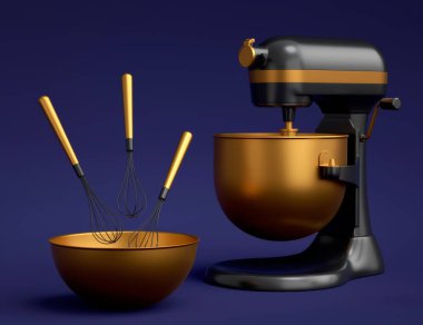 Mercan zemin üzerinde hamur hazırlamak için mutfak gereçleriyle karıştırıcı ve metal kase. Aşçılık, harmanlama ve karıştırma için 3D pişirme süreci adım adım ve aksesuarları