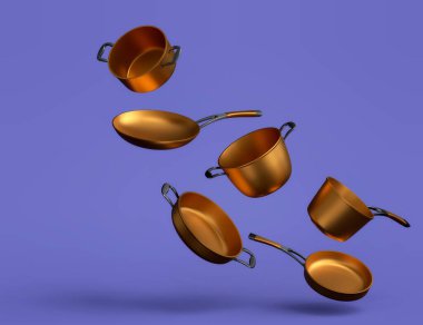 Set of flying stainless steel stewpot, frying pan and chrome plated aluminum cookware on blue background. 3d render of non-stick kitchen utensils