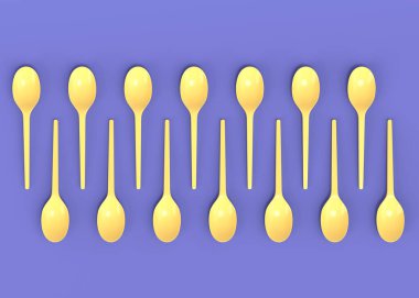 Tek renkli arka planda kaşık gibi tek kullanımlık aletler. 3D dünyayı kurtarma ve sıfır atık kavramı