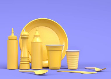 Tek renk arka planda tabak, kaşık, bıçak, bardak, biber ve tuz değirmeni gibi tek kullanımlık aletler. 3D dünyayı kurtarma ve sıfır atık kavramı